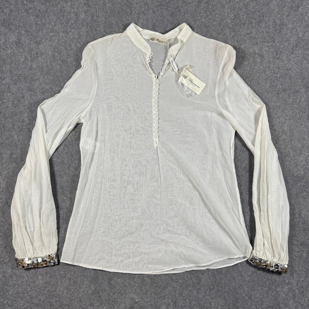 Blumarine Top Womens 48 White Cotton Gauze Hand Embroidered Sequin Cuff Blouse